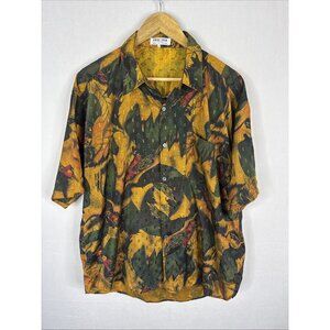 Thai Silk By Apple Men L Short Sleeve Button Up Shirt Bird Print Thailand